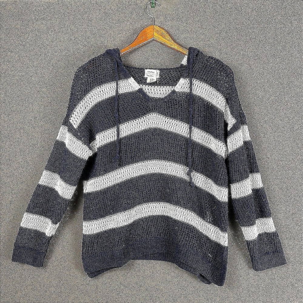 Artelier Nicole Miller Navy White Striped Hooded Knit Sweater Size M